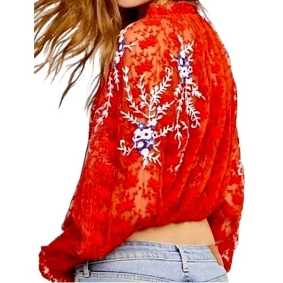 Free People Jubilee Embroidered Lace Boho Sheer Blouse Top Red Sz Small OB754354 - Picture 15 of 15